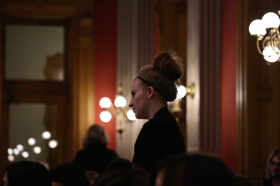 Mackenzie Orr stands to ask representatives about pressing issues during Capitol Hill Press Day. The intent of the field trip was to provide the chance to gain insight to the inner workings of the Colorado government and pending bills and laws.