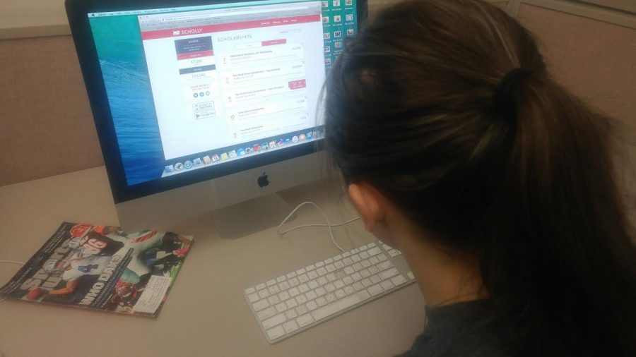 A student searches Scholly for financial aid to assist her in college. Scholly was an app created to promote mounds on money waiting to be won towards a college education.