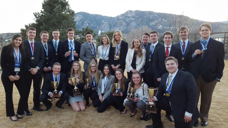 DECA students gather to show off their awards at the conclusion of State competition at the Broadmoor Hotel in Colorado Springs.  Students competed for four days, February 24 - 27.