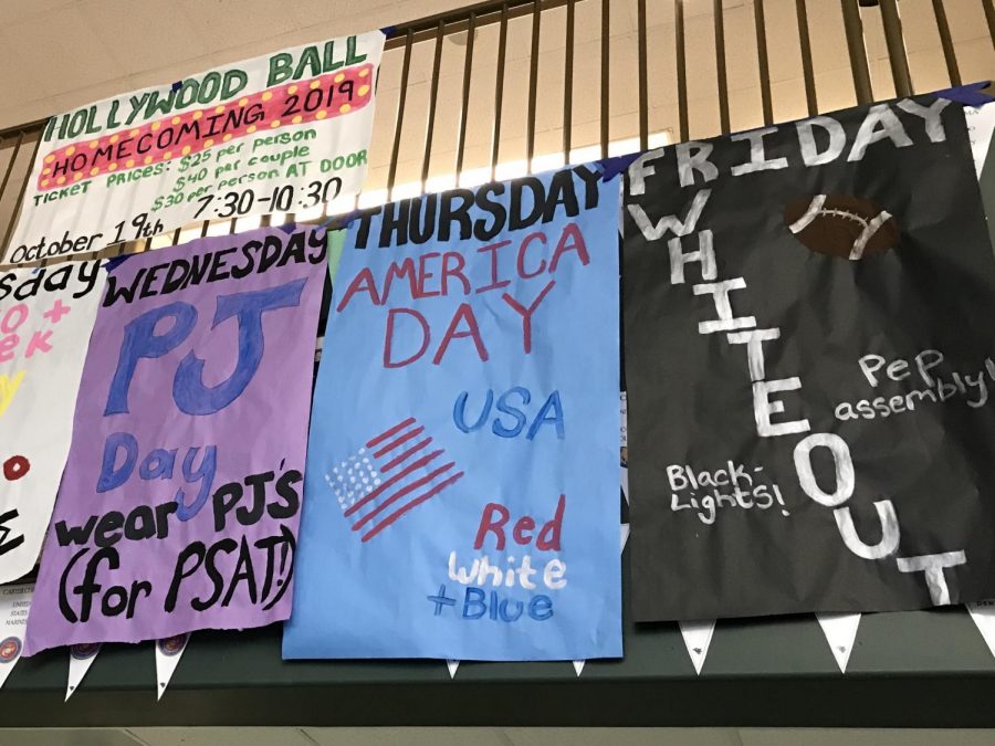 Banners in the commons announce themes for Homecoming Week.