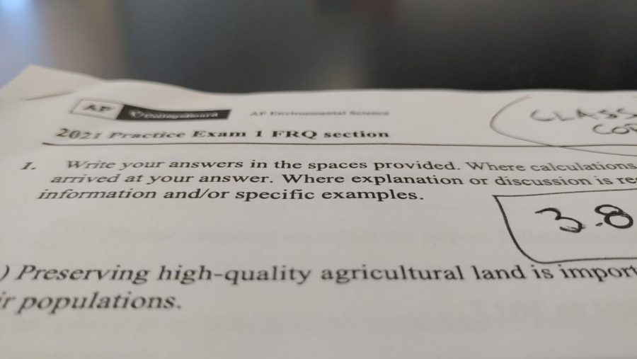 Picture of an answer key to a practice exam for the AP environmental science exam taken on April 27th. The practice exam was in the style of a real exam including two sections, the multiple choice and the free response question sections.