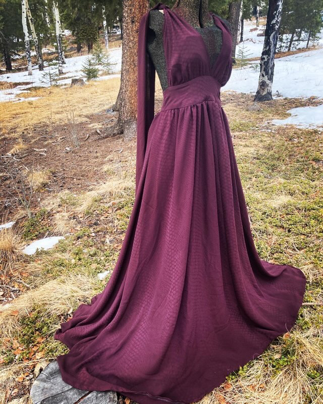 “Sometimes I’ll just put the outfit on a mannequin and decide, okay, we’re gonna go stick this in the woods and take pictures of it,” Clagett said. She shares her finished dresses on Instagram, along with design concepts and other art.