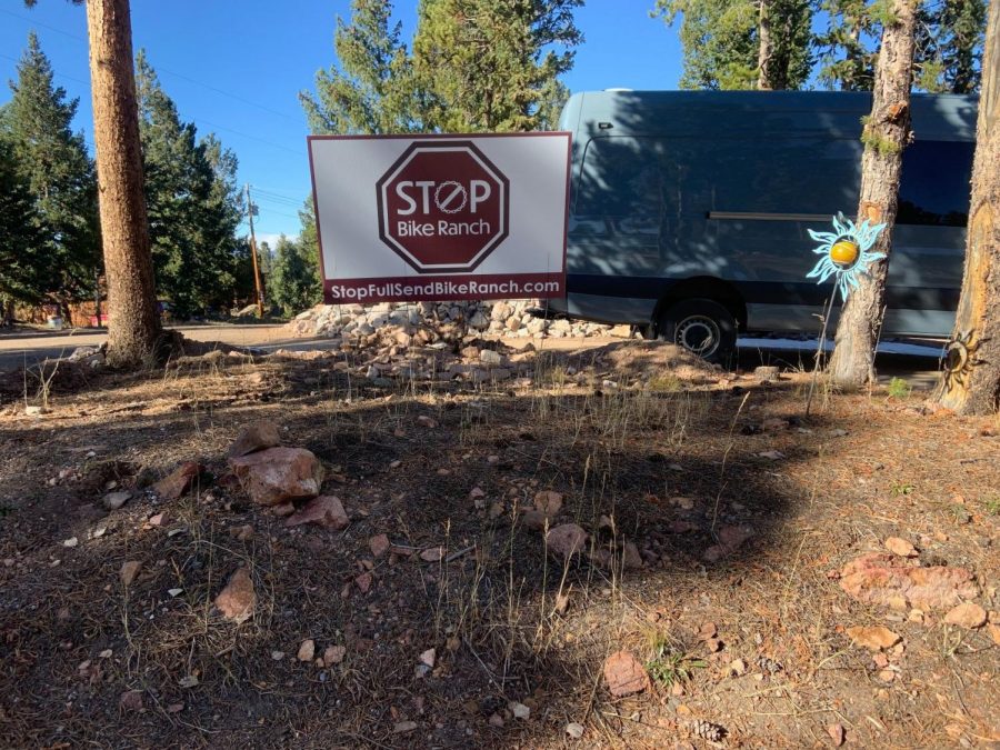 “Stop Bike Ranch” sign positioned next to Shadow Mountain Drive. “Living on Shadow Mountain we’re already pretty familiar with the safety concerns and people driving too fast,” Hood said. The sign serves as a reminder to drive safely, and consider signing the petition to stop the bike park.