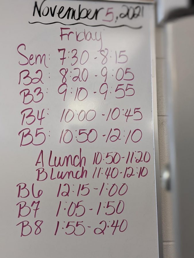 The Conifer Day schedule was seen written on many teachers boards as a reminder for students to the new times and classes.