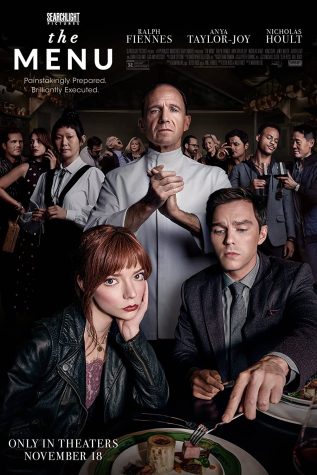 Movie poster advertising The Menu featuring Anna Taylor-Joy, Ralph Fiennes and Nicholas Hoult in the foreground.