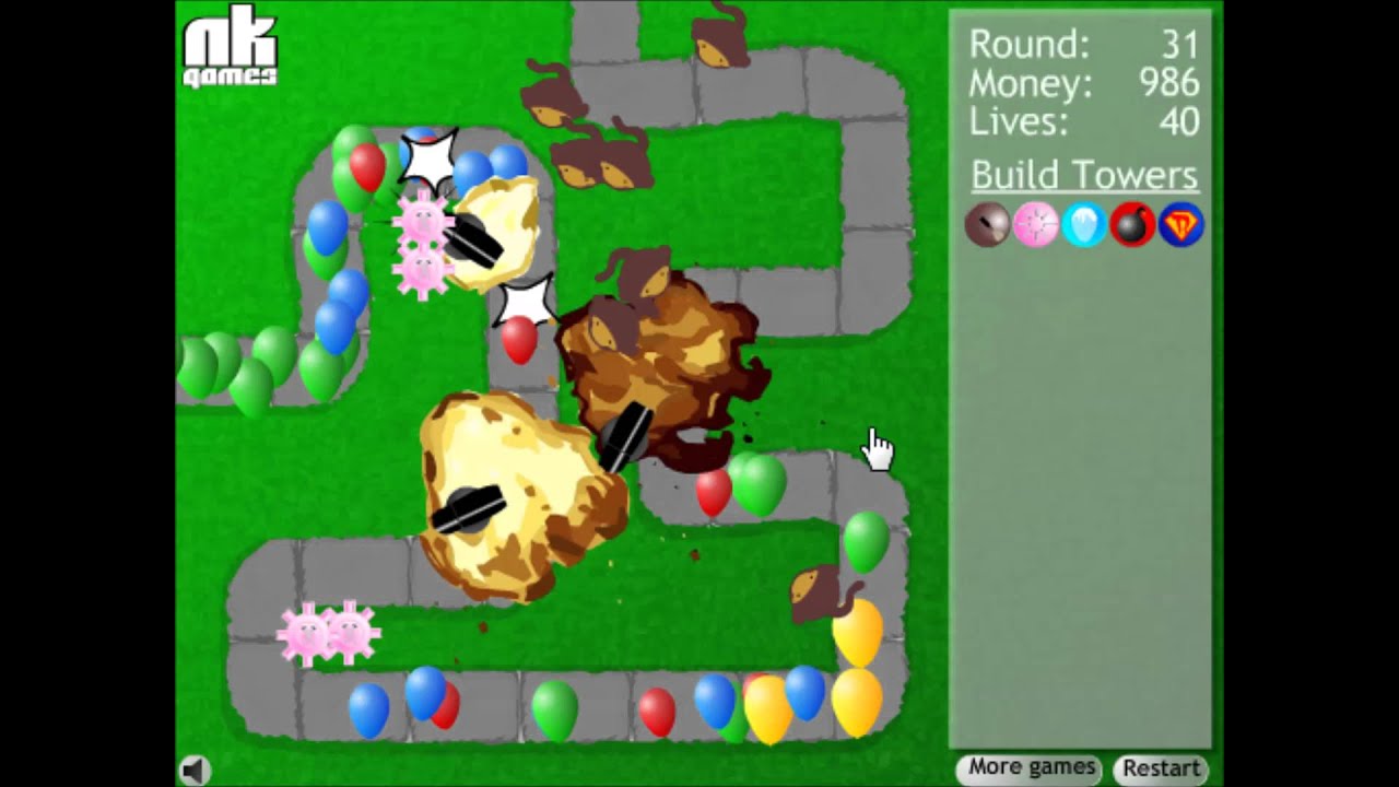 A screenshot from the original bloons tower defense released in 2007 played on NK Games.