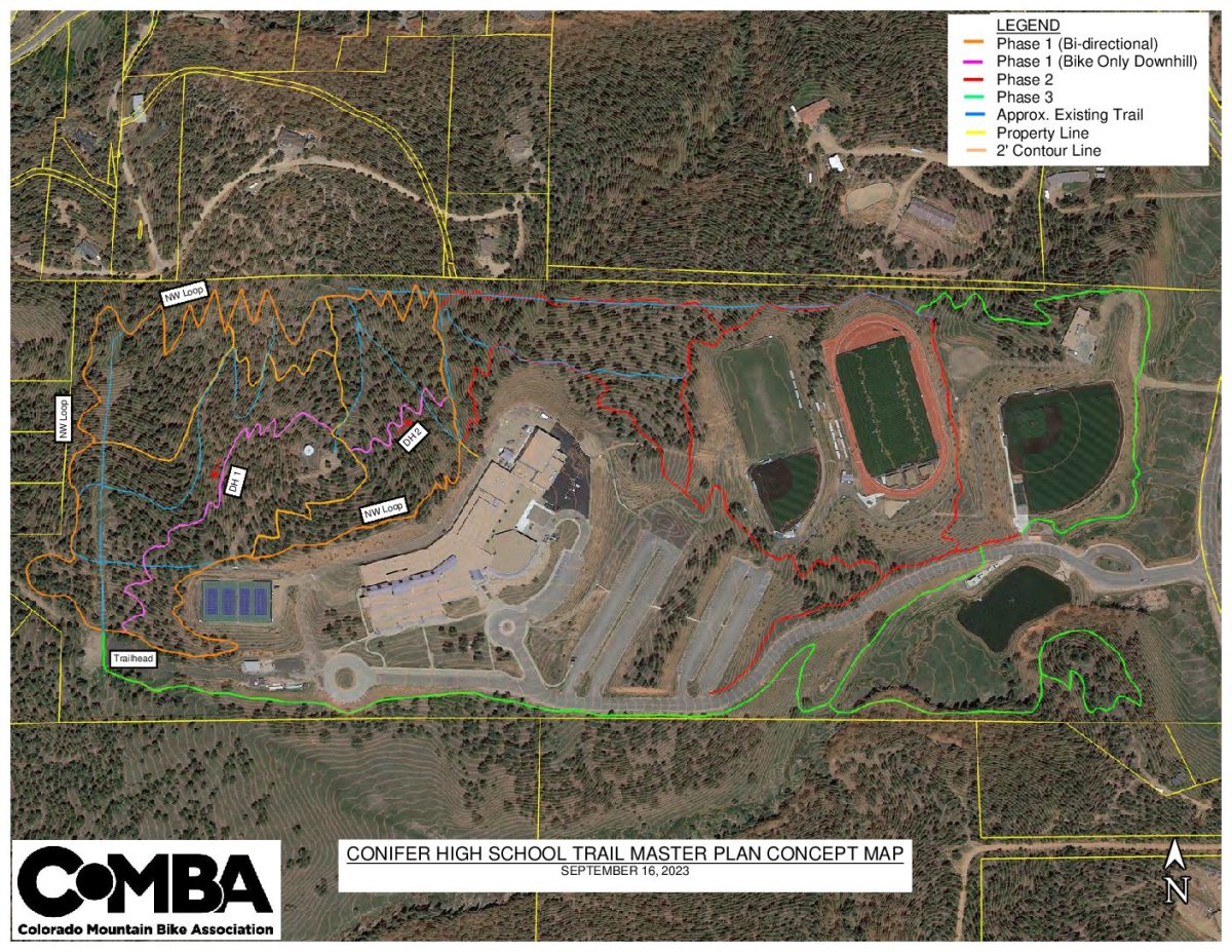 The+Colorado+Mountain+Bike+Association+%28COMBA%29+helped+to+design+the+map+alongside+Conifer+High+School+that+displays+the+current+plan+for+the+new+trail.+%E2%80%9CI+think+it%E2%80%99s+really+fun+to+have+an+organization+like+COMBA+to+design+the+trail+because+they%E2%80%99ve+done+so+many+trails%2C+so+they+usually+make+them+really+fun.+All+the+trails+around+here+have+been+designed+as+multi-use.+So+if+the+trail+use+is+narrowed+down+to+mountain+biking+and+cross+country+I+think+that+the+terrain+can+be+a+little+bit+more+fun%2C%E2%80%9D+Hobgood+said.+Map+provided+by+Ben+Hobgood.