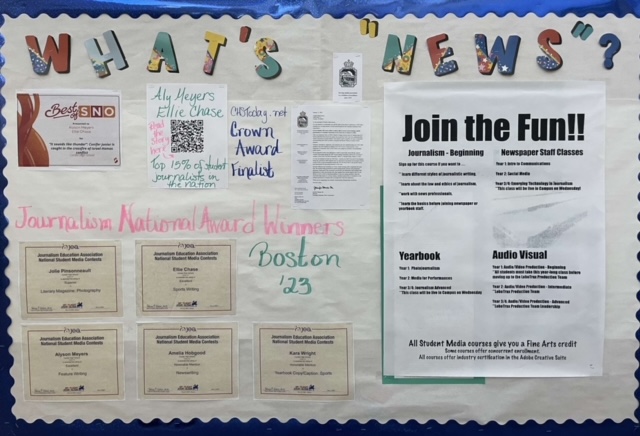 Conifer High School has a “What’s News?” board on the top level in the academic hallway. Here you can see the most recent “Best of SNO” award, Journalism National Award Winner for Boston 2023, and class options for next year. This allows for students to see the accomplishments the newspaper team has received and encourages them to look at other stories they have published. “Although a harder elective, its definitely worth it and really good for colleges. It’s a fun way to express yourself and give your opinion on a larger scale,” junior Section Editor Ellie Chase said.