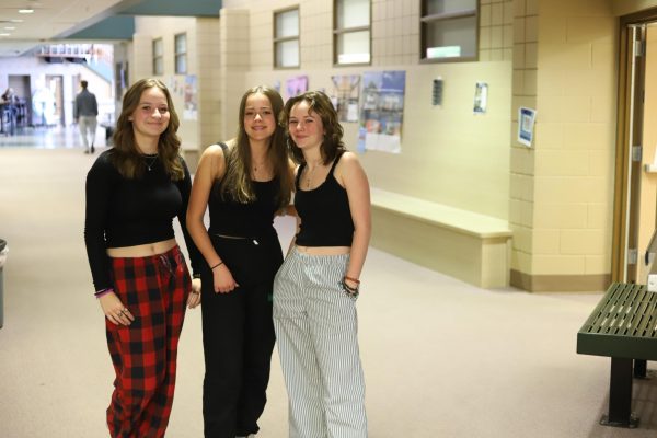 Freshmen Harper Risch, Keira Weeks, and Doran Reed dress up for pajama day to show school spirit. “I can show school spirit and have an excuse to wear pajamas at the same time, Risch said.