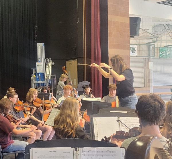 Laura Sarche conducts the Conifer High School chamber orchestra. The orchestra was practicing songs they would be playing at their upcoming winter concert. They had been preparing for that concert for the last few classes. 
