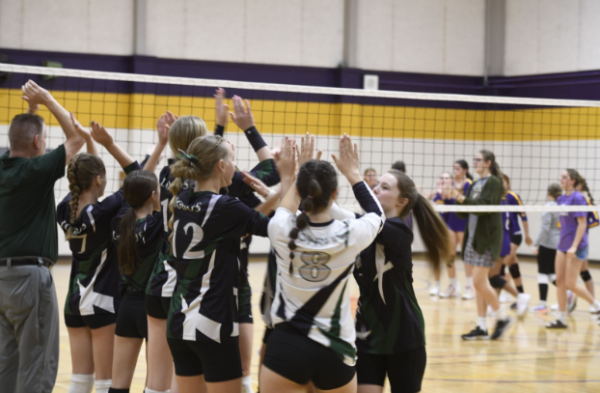 The Conifer Lobo’s L4 Volleyball team celebrating their win against Little High School. After all 3 sets of the game, they felt the energy from the win and showed their passion for the game. “I feel pretty good about [our record].” Freshman Victoria Stewart said, “We’re doing pretty good.”
