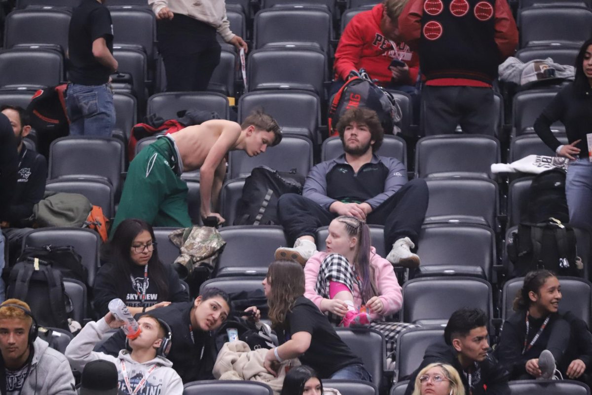 Senior Ben Metzger sits in the Conifer section during his state wrestling championship at the Ball Arena in Denver. Ben had just finished his wrestling match and was watching the other matches in the stands.