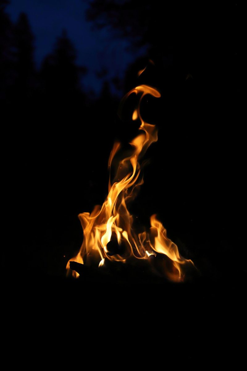 Devotion embering, troubles burning, campfire flames burn against a low dusk at Deer Creek Campground in Bailey, CO. 